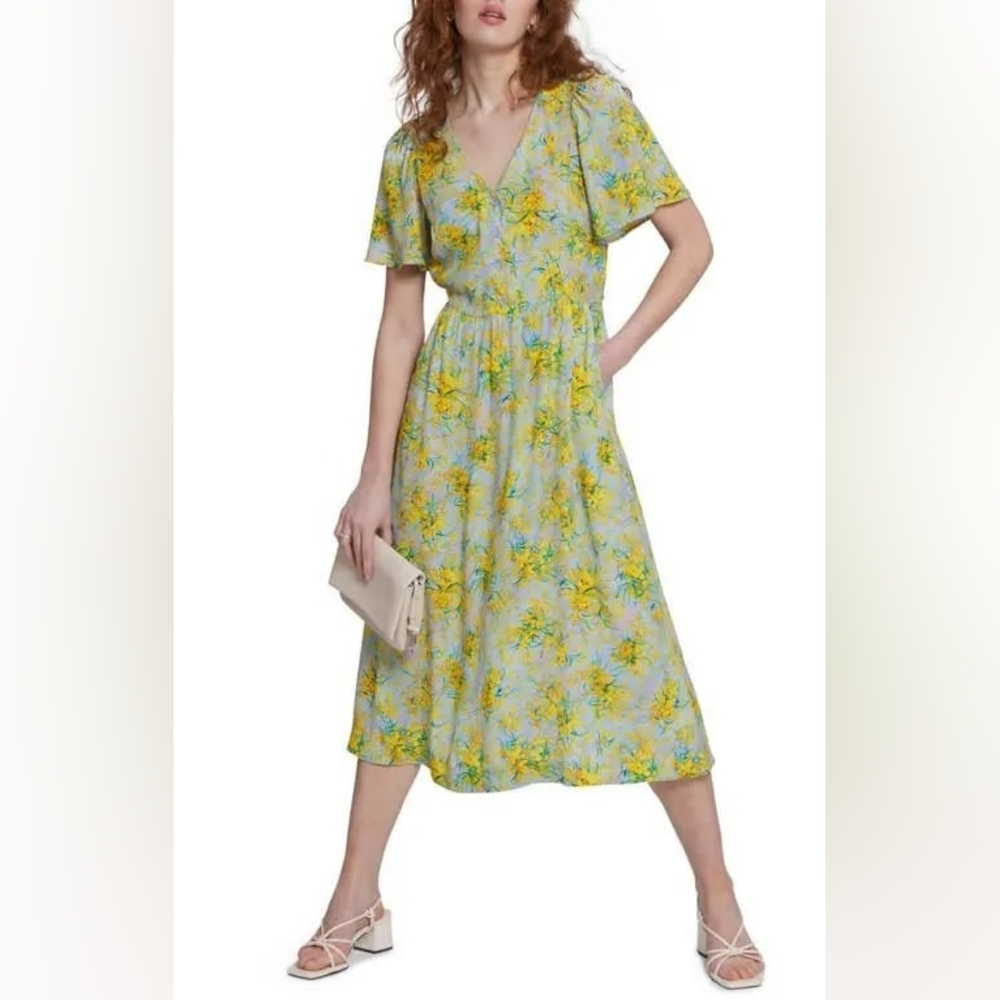 & Other Stories Flutter-Sleeve Midi Dress In Blue And Yellow Floral Pattern- 0